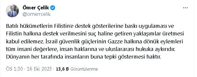 Ak Parti'li Çelik: Batılı Hükümetlerin Filistin'e Destek Gösterilerine Baskısı Kabul Edilemez