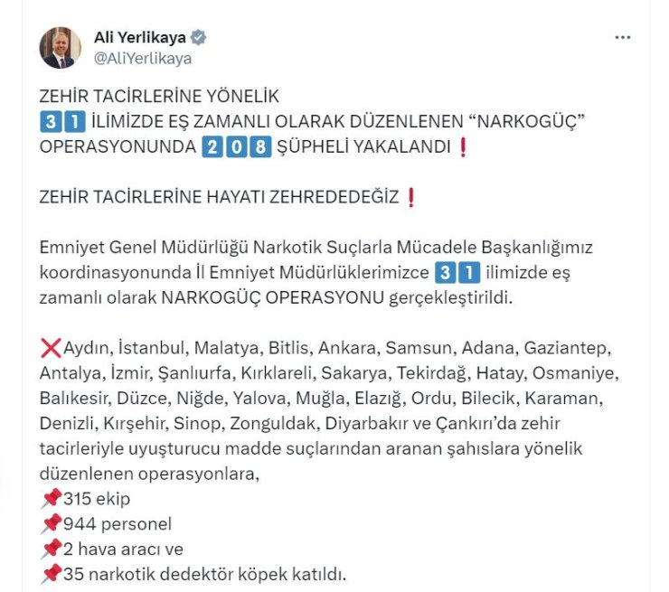 31 İlde Uyuşturucu Operasyonu: 208 Gözaltı