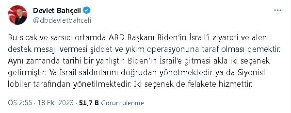 Bahçeli: Biden'ın İsrail Ziyareti, Tarihi Bir Yanlıştır
