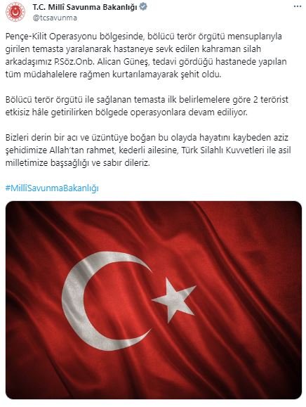 Msb: Pençe-kilit Bölgesinde 1 Asker Şehit Oldu