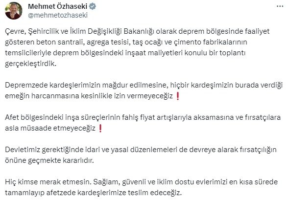 Bakan Özhaseki: Deprem Bölgesinde Fırsatçılara Müsaade Etmeyeceğiz
