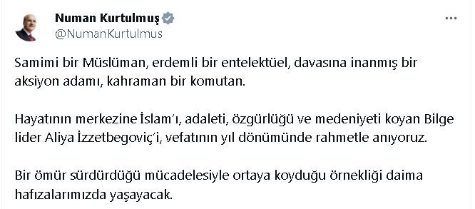 Tbmm Başkanı Kurtulmuş, Aliya İzzetbegoviç'i Andı